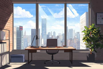 Simple office interior with city views from behind large windows