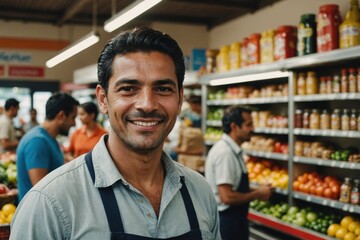 Naklejka premium Close portrait of a smiling 40s Nicaraguan male grocer standing and looking at the camera, Nicaraguan grocery store blurred background