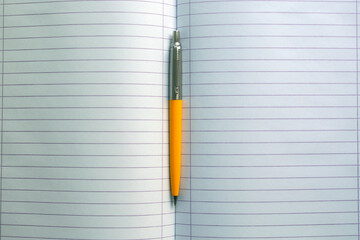 open notebook, with a pen on. selective focus. top view