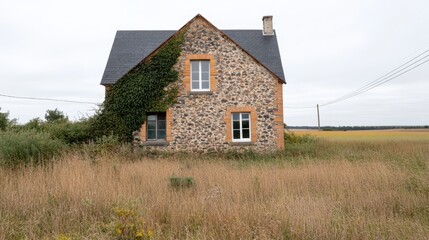 Obraz premium A charming stone-and-brick cottage stands amid wild grass, partially covered with ivy, capturing rustic beauty in a serene landscape.