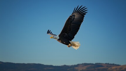 Obraz premium An eagle soars with an American flag, embodying freedom amid lush hills and warm sunlight.