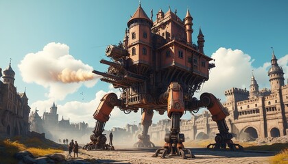 Naklejka premium A massive steam-powered walking fortress, with mechanical legs and cannons, slowly approaching an ancient city, Generative AI