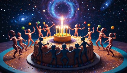Aliens dancing in a circle around a birthday cake, under swirling galaxies and cosmic sparkles, Generative AI