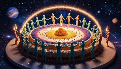 Aliens dancing in a circle around a birthday cake, under swirling galaxies and cosmic sparkles, Generative AI