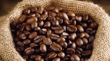 Close-Up View of Rich, Dark Roasted Coffee Beans Poured from a Rustic Burlap Sack, Capturing the Essence of a Fresh Coffee Experience and Aromatic Delight