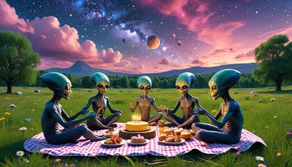 Aliens enjoying a birthday picnic on a celestial meadow, sharing cosmic treats and celebrating under a colorful sky, Generative AI