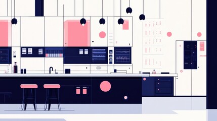 Modern Kitchen Interior with Minimalist Design and Soft Color Palette Featuring Sleek Cabinets, Contemporary Bar Stools, and Stylish Lighting Fixtures for an Inviting Space