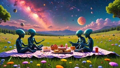 Aliens enjoying a birthday picnic on a celestial meadow, sharing cosmic treats and celebrating under a colorful sky, Generative AI