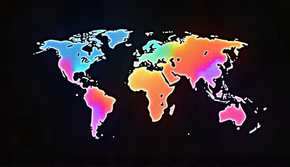 Fototapeta premium Colorful world map on black background showcasing geographical regions in vibrant hues