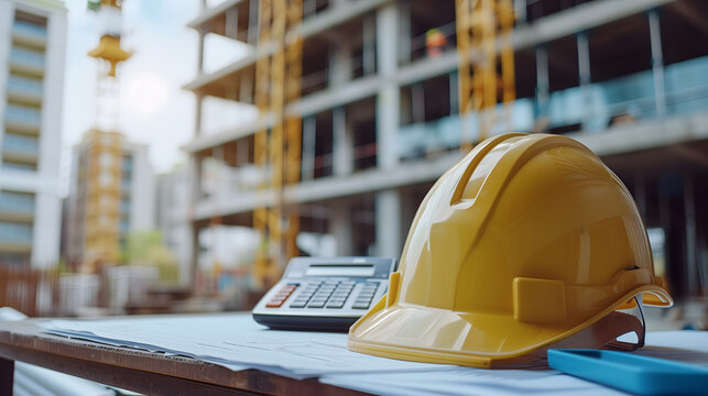 Un casque jaune sur les plans de construction sur un chantier.