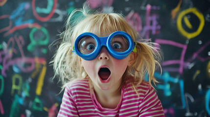 Amazed Toddler Girl in Goggles Chalkboard Background Childhood Fun