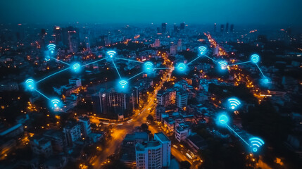 Obraz premium Smart digital Innovation Business skyscrapers in the Financial District with connection network reciprocity over the cityscape. of future smart wireless digital city and social media networking