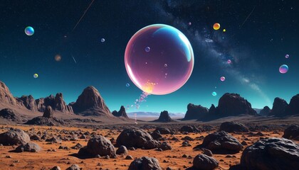 Aliens blowing bubbles and popping them at a birthday celebration on an asteroid, with vibrant star trails, Generative AI