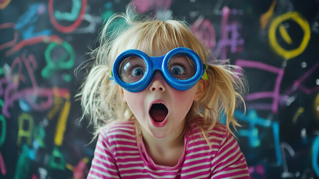 Amazed Toddler Girl in Goggles Chalkboard Background Childhood Fun
