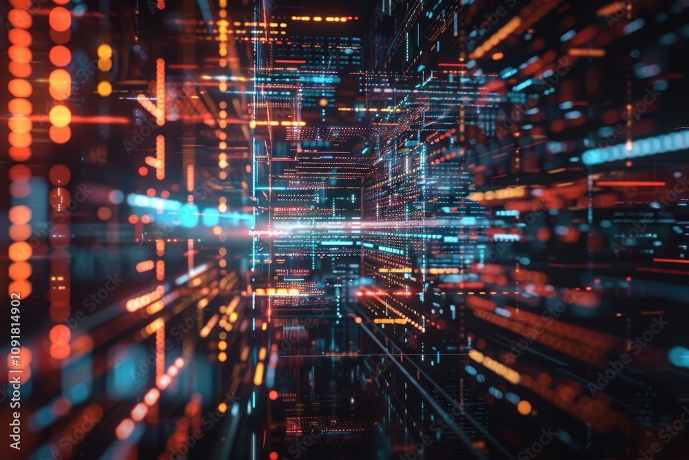 Poster Digital landscape showcasing vibrant data streams and dynamic lights creating a futuristic environment filled with glowing elements