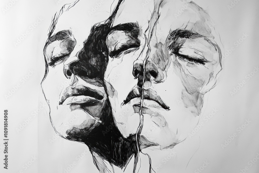 Poster Two expressive faces convey a range of emotions through intricate ink strokes, illuminated by stark contrasts of black and white. Generative AI