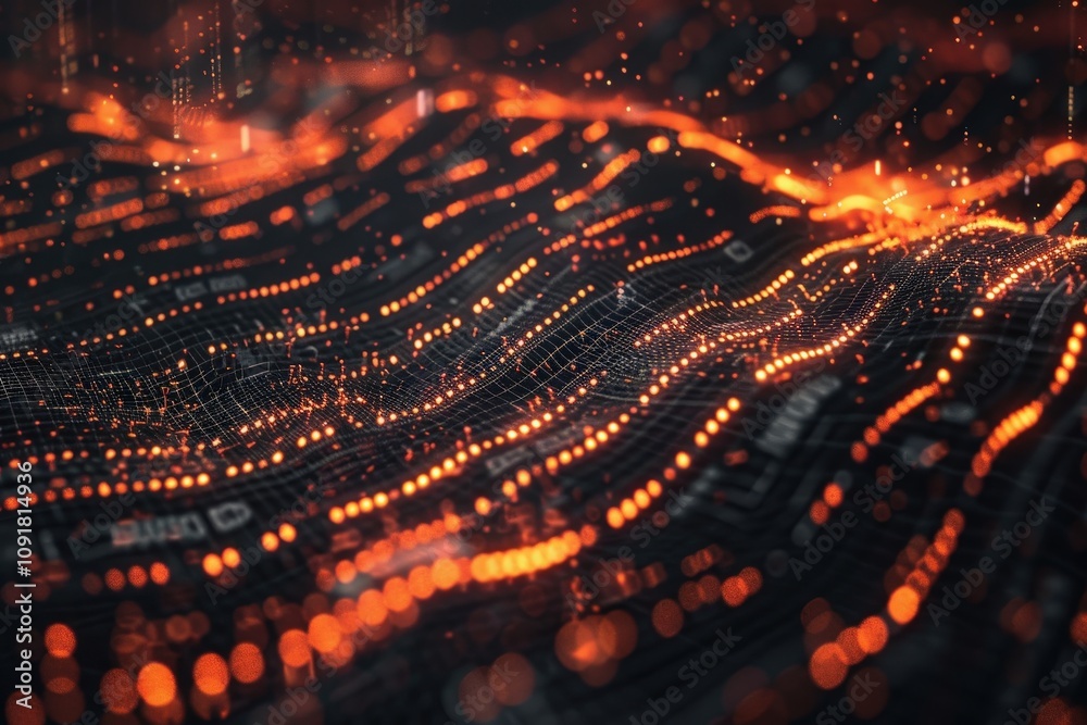 Poster Digital landscape showcasing vibrant data streams and dynamic lights creating a futuristic environment filled with glowing elements