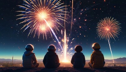 Aliens watching a cosmic birthday firework show in space, with stars sparkling and fireworks lighting up the void, Generative AI