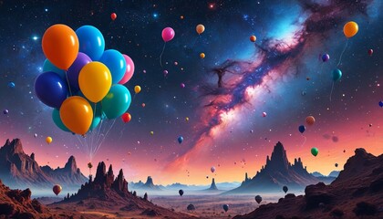 Space creatures launching birthday balloons into the sky, surrounded by a nebula of colors and stars, Generative AI