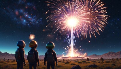 Aliens watching a cosmic birthday firework show in space, with stars sparkling and fireworks lighting up the void, Generative AI