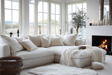 Fototapeta premium White corner sofa with fireplace. Modern home interior design