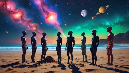 Extraterrestrial beings playing birthday charades on a cosmic beach under a vibrant nebula sky, Generative AI