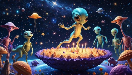 Aliens receiving birthday greetings from floating cosmic animals in a galaxy full of shimmering stars, Generative AI