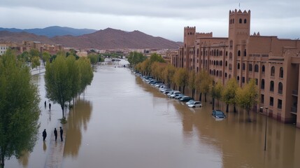 Obraz premium Flooded Moroccan city street after heavy rain with people and cars navigating the waterlogged road