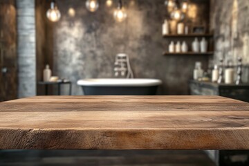 Fototapeta premium Rustic wooden tabletop with blurred background of a modern bathroom with a bathtub, shelves, and lights.