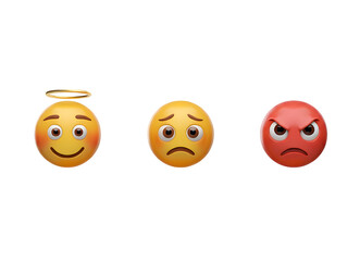 Obraz premium 3D Set of Emoticons Isolated. Round Yellow Faces with Various Emotions and Expression. Tear Smile Sad Love Happy Unhappy Like Lol Angry Wink Laughter Emoji Character Collection. Vector Illustration 