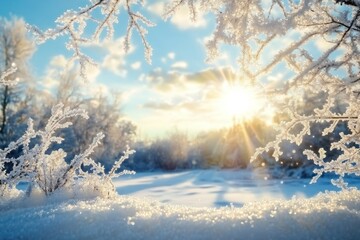 A frosty winter scene with sun shining through bare branches and snow-covered ground.
