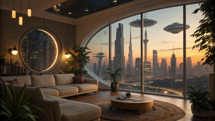 Fototapeta premium Zoom background a modern penthouse living room with large windows sci-fi futuristic city view, AI