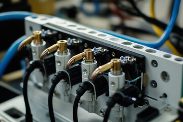 Obraz premium Close-up of an industrial pneumatic tool connected to a compressed air system