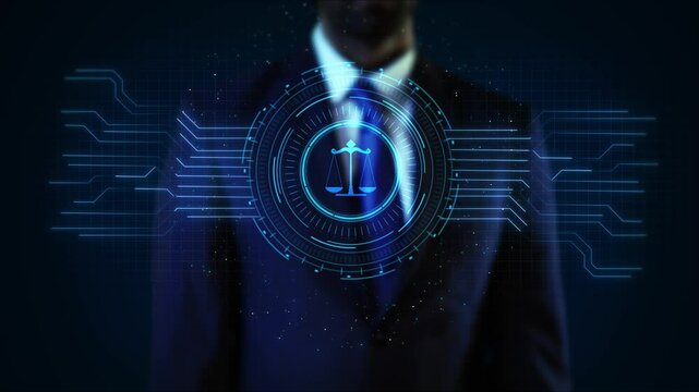 Businessman with cybersecurity on legal technology, digital ethics, cybersecurity law, compliance, business regulation legal ethics, firms, tech Hacking Digital Data Protection criminal law. 4K 3D