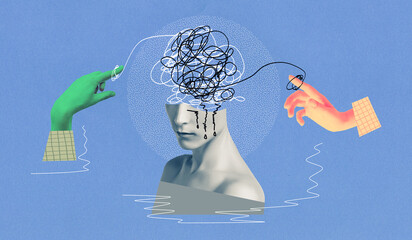 Contemporary art collage, design. Abstract doctor hands near human head, working with mental issues. Psychiatrist. Concept of medical assistance, treatment, mental treatment - fix your brains concepts