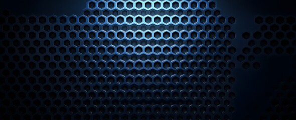 Dark blue metallic honeycomb pattern background. Modern, sleek design.