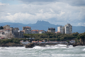 Panoramic view on cliffs, houses, sandy beaches of touristic Biarritz city, Basque Country, Bay of Biscay of Atlantic ocean, France