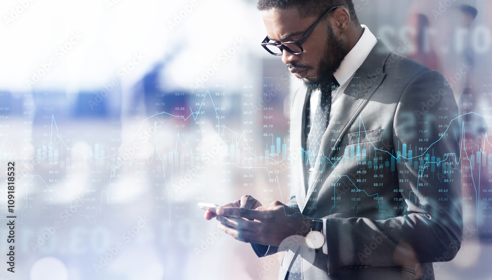 Poster modern trader. collage of forex trading graph chart layered over black businessman using smartphone 