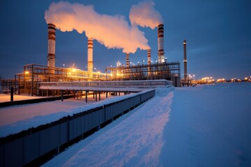 Obraz premium The power plant is illuminated with glowing lights in a snowy setting, the chimneys emitting smoke, representing energy production and industrial progress.