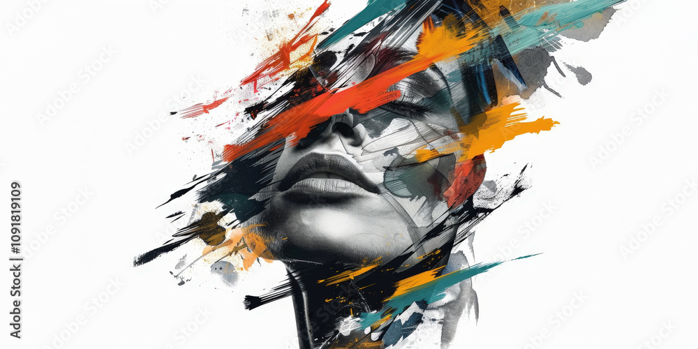 Poster Artistic representation of a human face merging with abstract colors and textures reflecting creativity and emotion