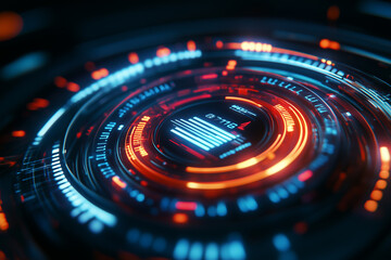 
Close-up of a futuristic neon speedometer with vibrant red and blue lights