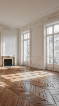 Un grand salon vide et moderne Haussmannien avec du parquet au format vertical.