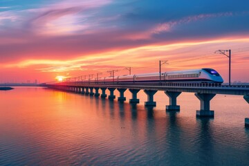 Obraz premium High-Speed Train Crossing a Long Bridge at Sunset