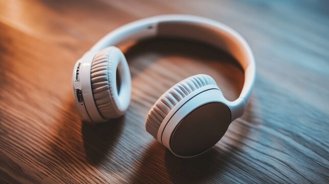 Headphones on wooden surface home office setup technology product warm lighting close-up view modern lifestyle