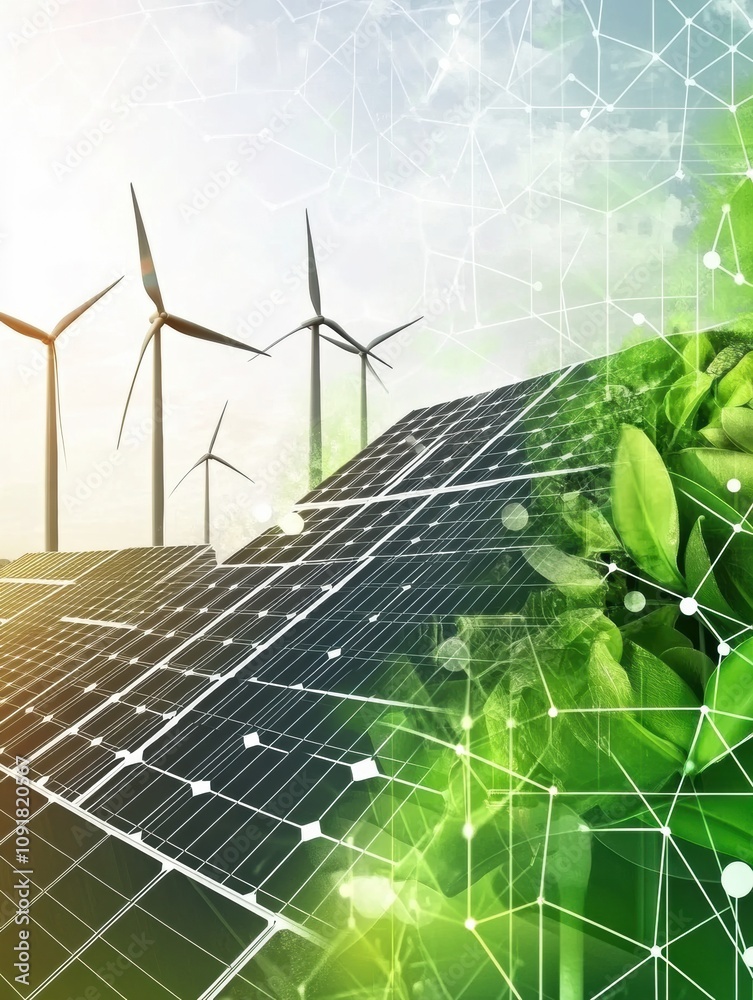 Aufkleber solar panels and wind turbines capture renewable energy in a modern landscape, showcasing sustainabl
