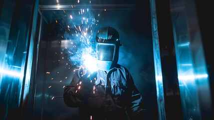 Une personne qui soude dans un environnement sombre produit des &eacute;tincelles.