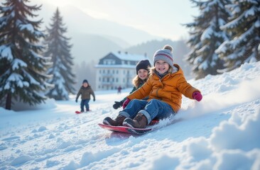 Two children have fun sledding down a snow-covered hill with trees in the background. A house is visible in the distance, and another child sleds nearby, capturing the joys of winter play.