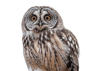 Obraz premium Close-Up of a Captivating Owl with Wide Open Eyes Perched on a Branch in Soft Lighting