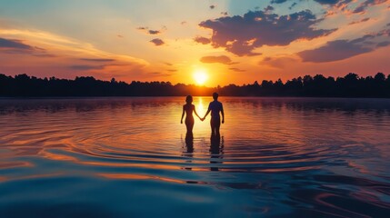 Fototapeta premium Couple holding hands in lake at sunset.