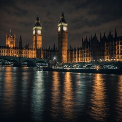 Fototapeta premium Big Ben and the Houses of Parliament in London, England, with the River Thames reflecting city lights.